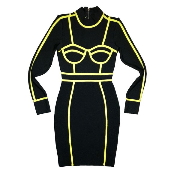 Athina Black & Yellow Outlined Bandage Long-Sleeve Rayon Dress Size Small - Picture 1 of 12